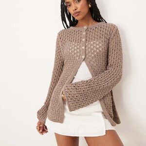 ASOS DESIGN slash neck open crochet knit cardigan in mocha